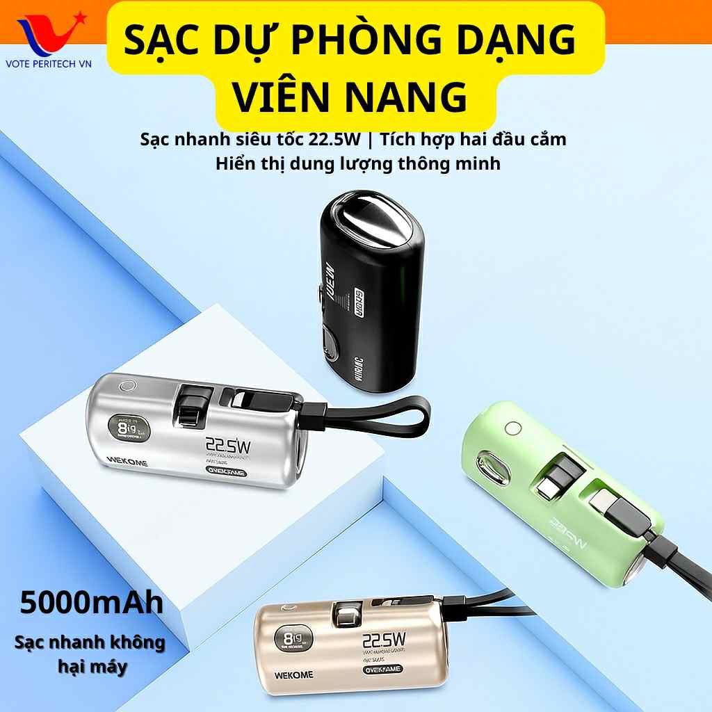 Sạc Dự Phòng WEKOME WP-19 5000mAh – Sạc Nhanh 22.5W, Tích Hợp Dây Type C & Giá Đỡ Điện Thoại