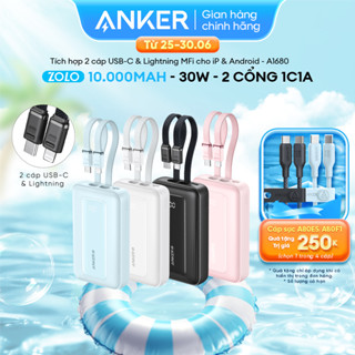 Sạc dự phòng ANKER Zolo 10kmAh | Sạc nhanh 30W | Tích hợp sẵn 2 cáp USB-C & Lightning | 2 cổng 1C1A - A1680