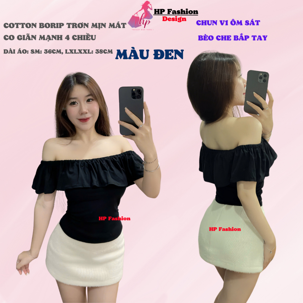 Áo thun body trễ lệch vai nhún 2 bên eo, áo nữ kiểu nữ basic vải thun cotton borip trơn co giãn mùa hè HP46 | BigBuy360 - bigbuy360.vn