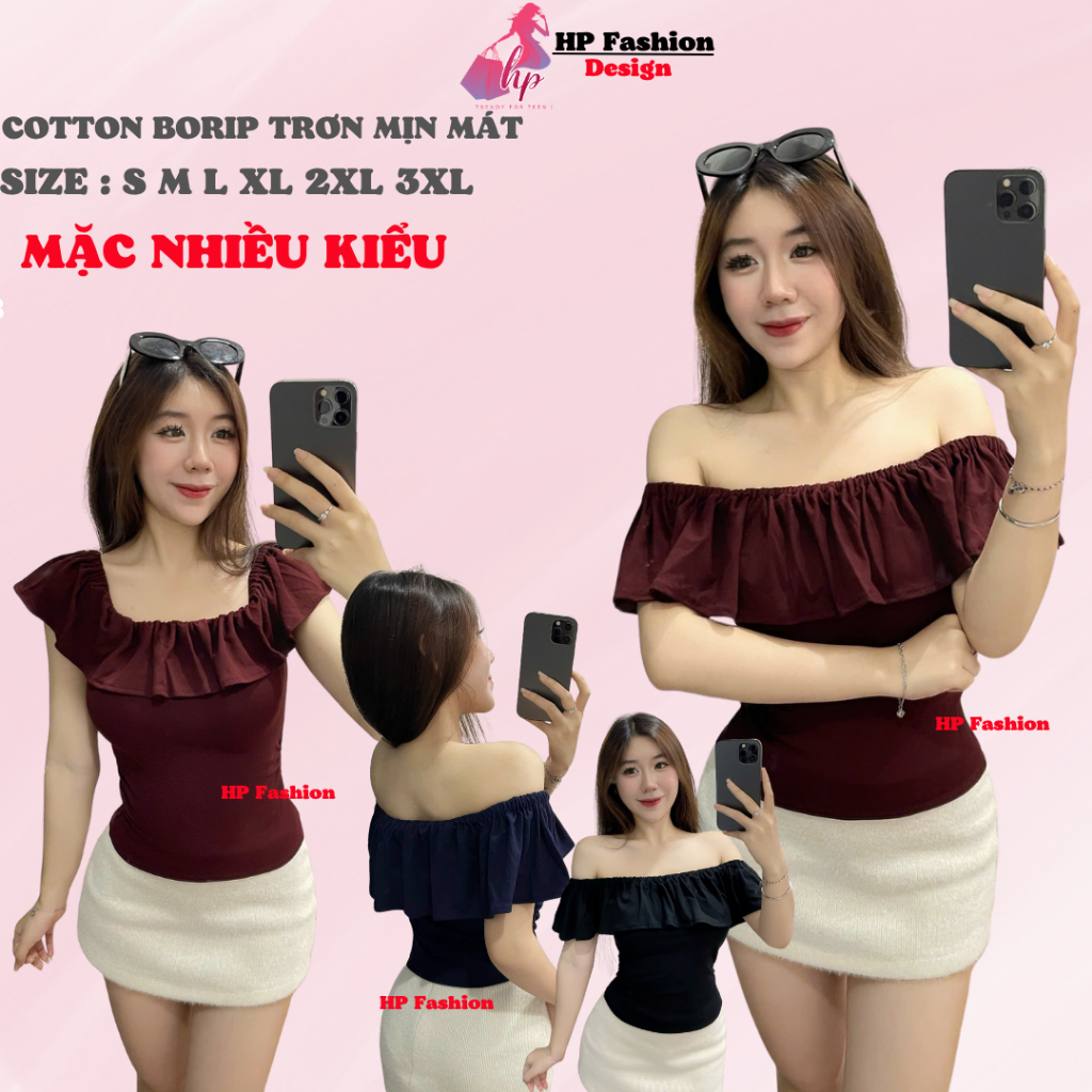 Áo thun body trễ lệch vai nhún 2 bên eo, áo nữ kiểu nữ basic vải thun cotton borip trơn co giãn mùa hè HP46 | BigBuy360 - bigbuy360.vn