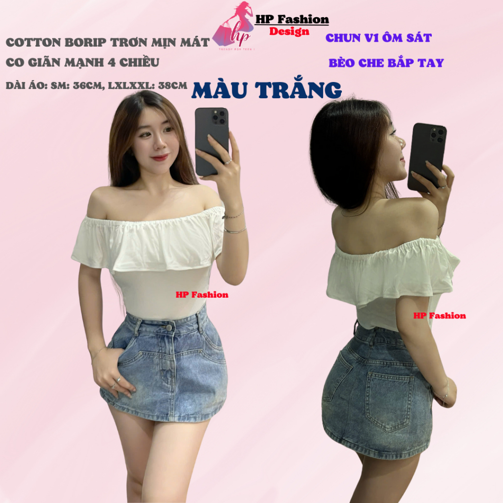 Áo thun body trễ lệch vai nhún 2 bên eo, áo nữ kiểu nữ basic vải thun cotton borip trơn co giãn mùa hè HP46 | BigBuy360 - bigbuy360.vn