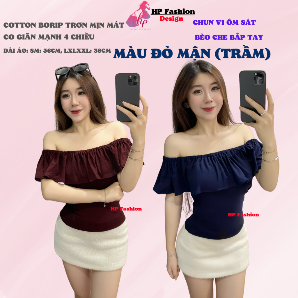 Áo thun body trễ lệch vai nhún 2 bên eo, áo nữ kiểu nữ basic vải thun cotton borip trơn co giãn mùa hè HP46 | BigBuy360 - bigbuy360.vn