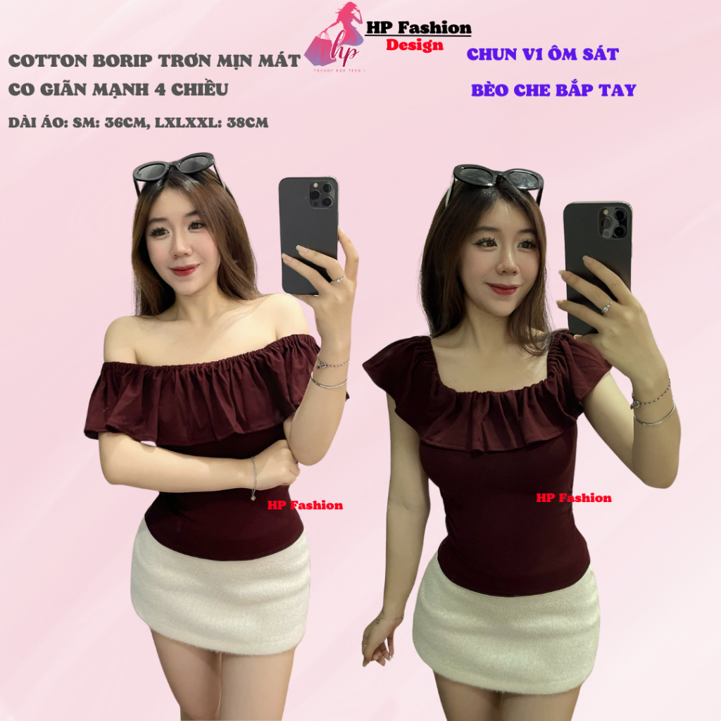 Áo thun body trễ lệch vai nhún 2 bên eo, áo nữ kiểu nữ basic vải thun cotton borip trơn co giãn mùa hè HP46 | BigBuy360 - bigbuy360.vn