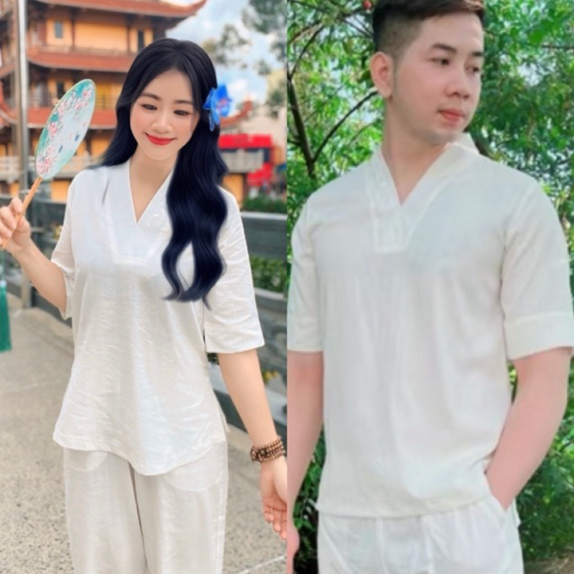 Đồ lam đi chùa nam/nữ màu trắng sang trọng-Pháp phục đi chùa nam/nữ đều mặc được vải linen, tay ngắn