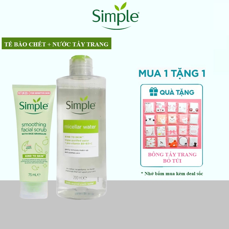 Combo nước tẩy trang Simple + tẩy tế bào chết Simple 75ml cho mọi loại da