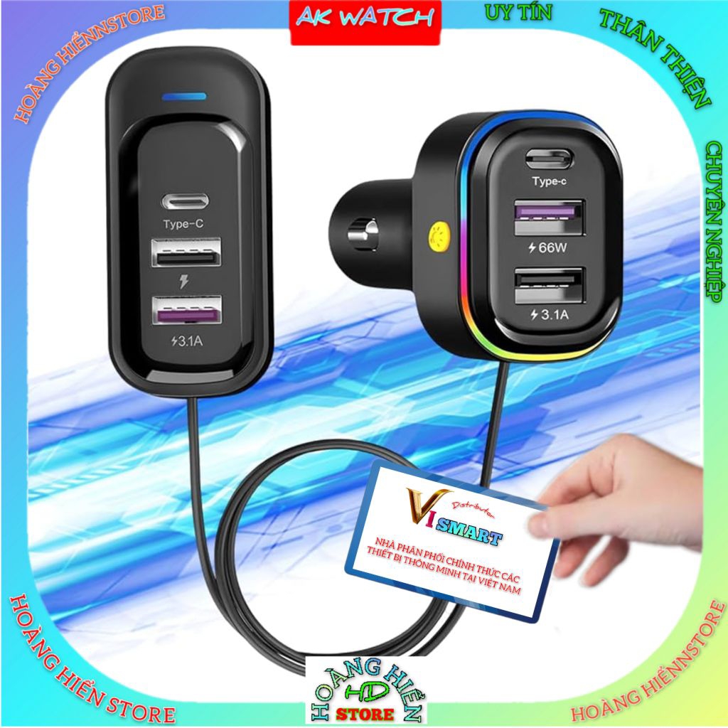 Tẩu sạc đa năng ViSmart 2 trạm sạc dây nối dài 1m tiện dụng sạc 2 vị trí trên ô tô