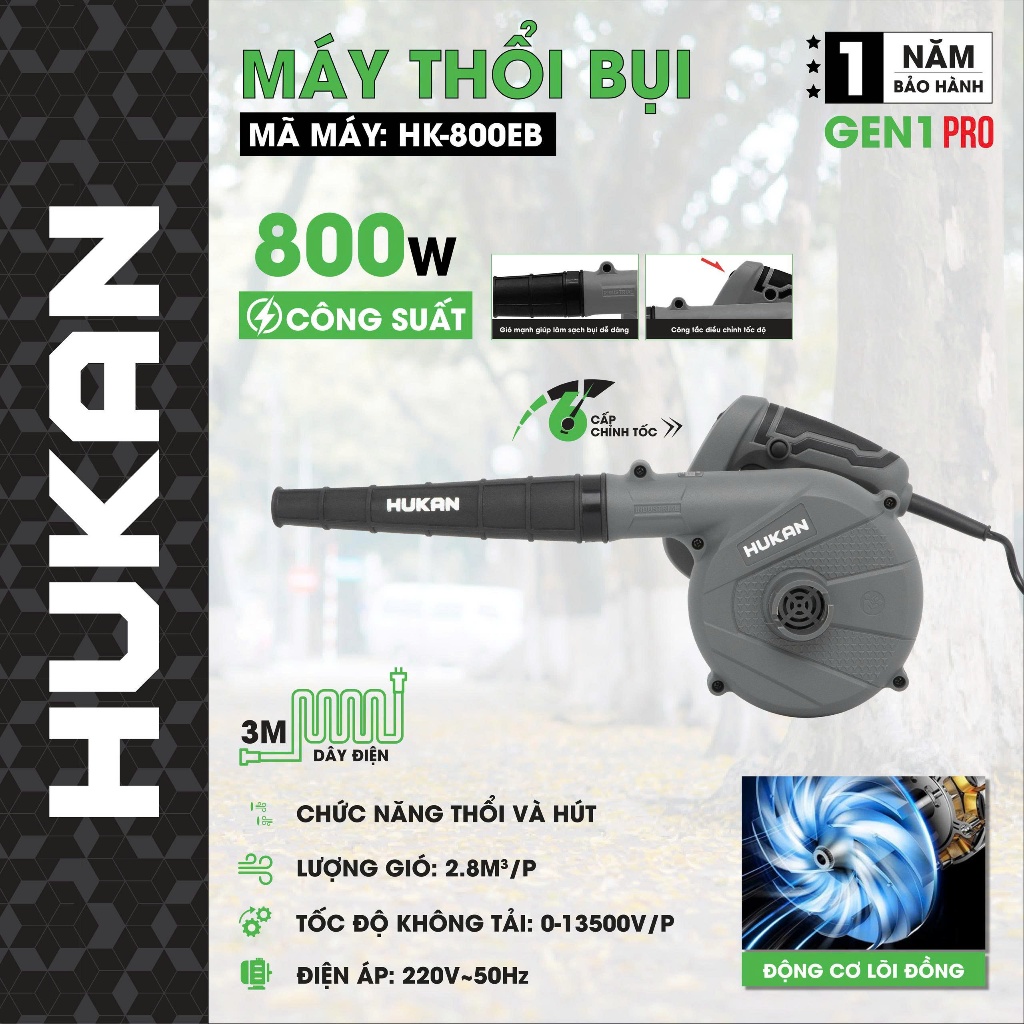 Máy thổi và hút bụi HUKAN HK-800EB, công suất 800W, thiết kế nhỏ gọn