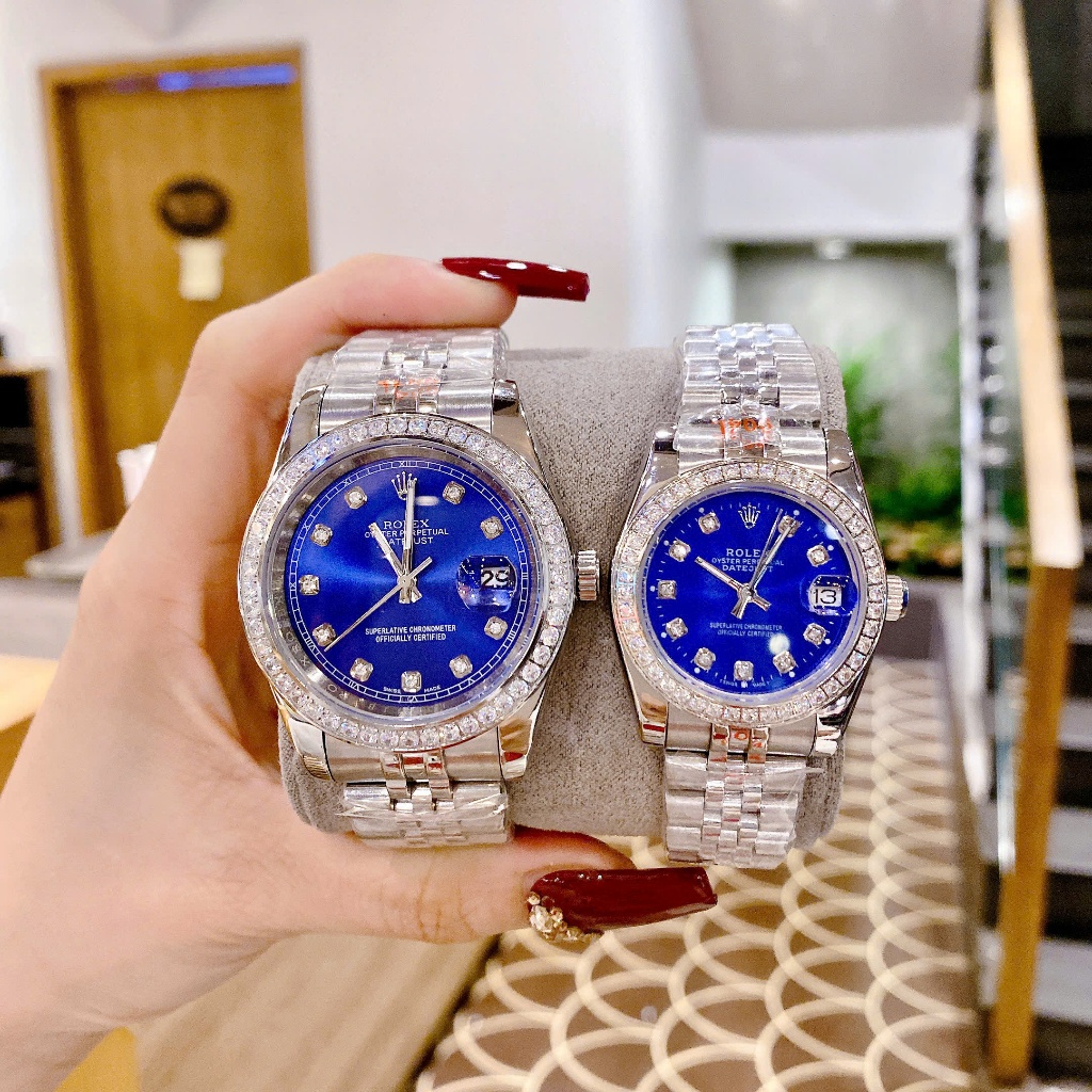 Combo đồng hồ đôi đeo tay nam nữ dây kim loại cao cấp chống nước R0lex nam size 41mm nữ size 31mm máy pin japan