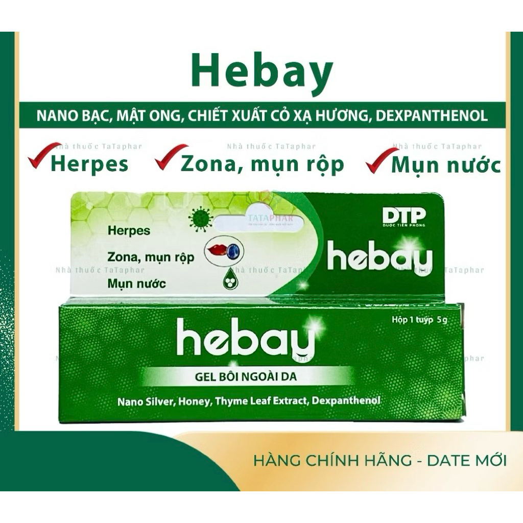 HEBAY - Giảm Herpes, zona, mụn rộp, mụn nước ở môi - Nano bạc - Gel bôi ngoài da Tuýp 5g,