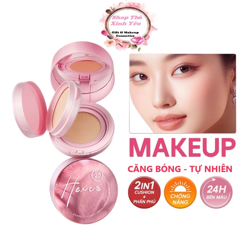 Cushion chống nắng dưỡng ẩm kèm phấn phủ 2 in1 HEXZE Spf25 PA+++, cố định lớp makeup hoàn hảo