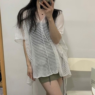 Áo ren nữ, áo len tay ngắn dệt kim lưới lỗ cổ V hàng QC màu kem trắng đen nâu xanh đi biển đi chơi phong cách Hàn Quốc
