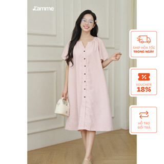  Váy bầu đầm bầu Rany Dress dáng suông chất vải thô Hàn mát mẻ đứng form phối tay bồng nhẹ khoét cổ V nữ tính L'AMME 
