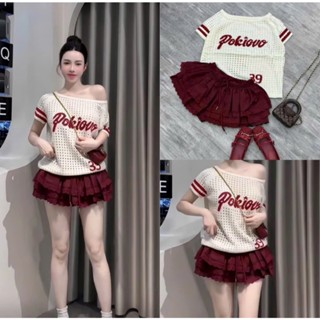 Set Bộ, Set Bộ Áo Len Đục Lỗ Hoạ Tiết Mix Chân Váy Xếp Tầng Phối Ren Dành Cho Nữ