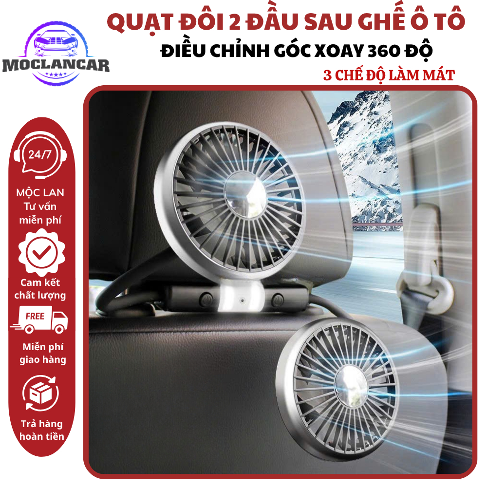 Quạt ÔTô Làm Mát Ghế Sau, Chân USB Quạt 2 Đầu Xoay 360°