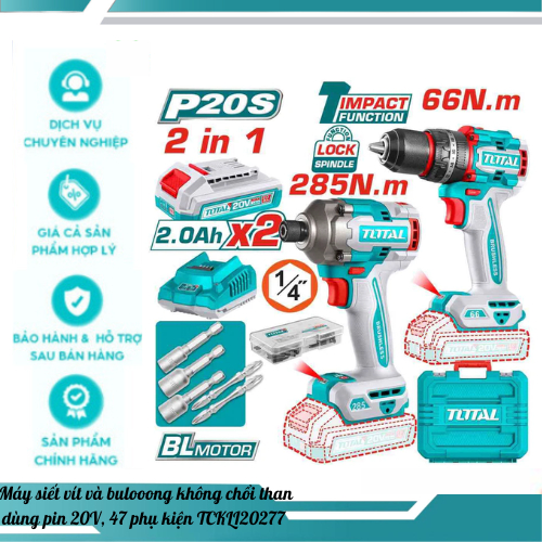Máy siết vít 66Nm và bulooong 285Nm không chổi than dùng pin 20V, 47 phụ kiện total - TCKLI20277