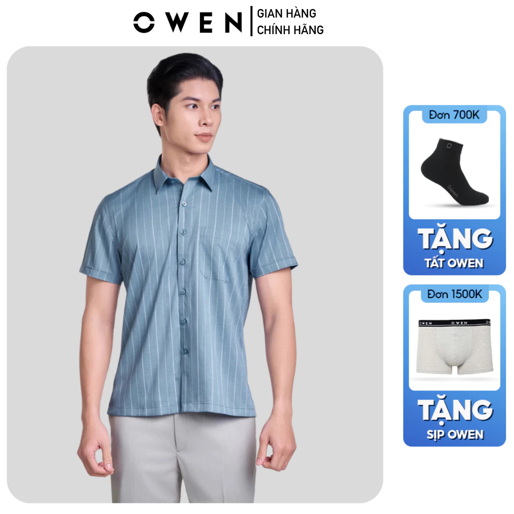 Áo sơ mi nam cộc tay Owen dáng bodyfit sọc xanh AB250089NT tà bằng, chất liệu bamboo sơi tre mềm mát