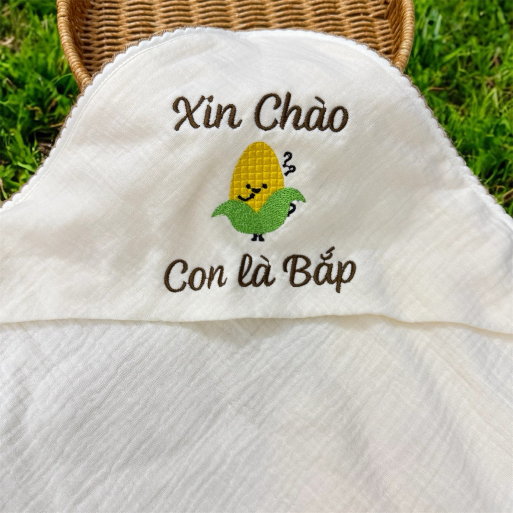 (THÊU TÊN) Ủ Choàng Xô Hàn Cho Bé Sơ Sinh Thêu Tên Theo Yêu Cầu Chăn Choàng Ủ Xô Muslin Có Mũ