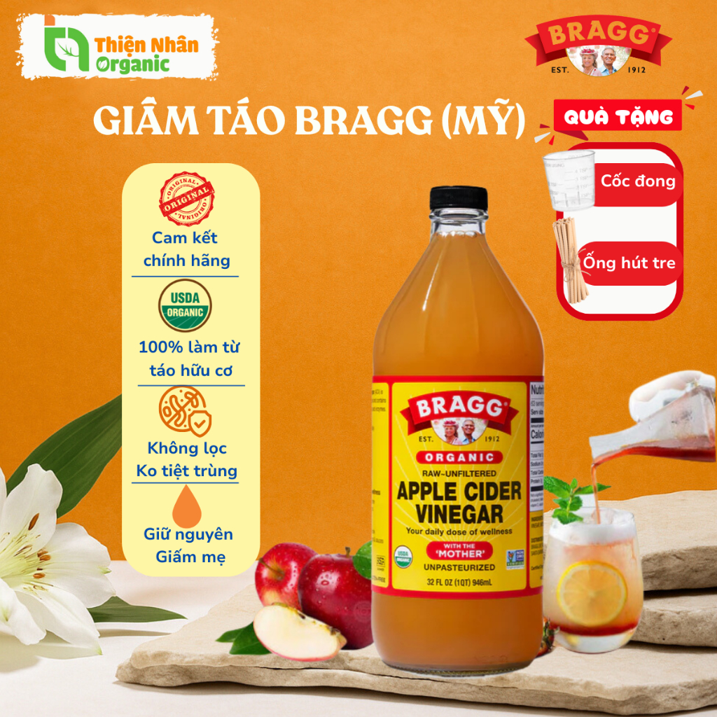 Giấm táo hữu cơ Bragg 473ml & 946ml Hàng Mỹ
