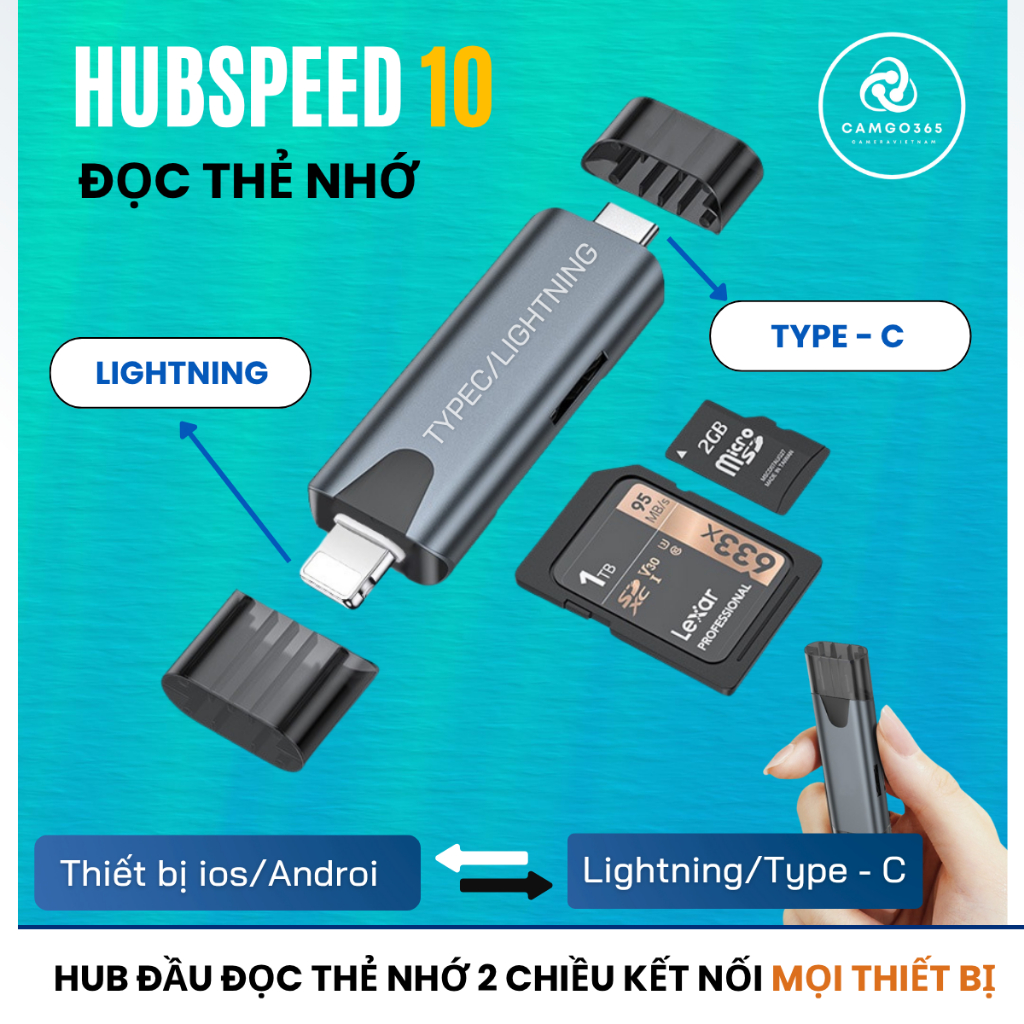 Hub Đọc Thẻ Nhớ 2 Công TYPE-C và Lightning 2 trong 1,Tốc Độ Đọc Nhanh,Không Kén Thiết Bị, Đầu Đọc Th