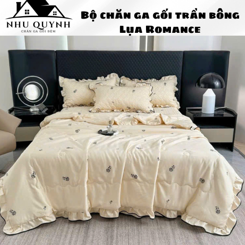 Bộ chăn ga gối phi lụa phủ trần bông, set 4 món chăn ga gối phủ trần bông dày dặn hàng loại 1 đủ kíc