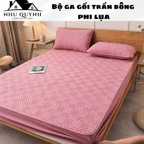 Bộ Ga Trải Giường Trần Bông+2 Vỏ Gối Đầu Phi Lụa Bo Chun Bọc Đệm Trần Bông Dày Dặn 1m2 1m6 1m8 2m2