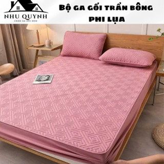 Bộ Ga Trải Giường Trần Bông+2 Vỏ Gối Đầu Phi Lụa Bo Chun Bọc Đệm Trần Bông Dày Dặn 1m2 1m6 1m8 2m2