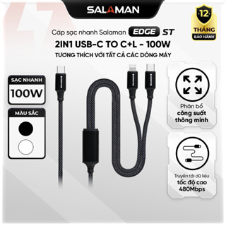 [2in1] Cáp Sạc Nhanh Salaman Edge ST USB-C To C+L 100W – Hỗ Trợ QC/PD, Bền Bỉ, Truyền Dữ Liệu Nhanh