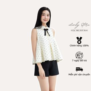 Áo sát nách cổ sen dáng suông chấm bi tiểu thư, áo kiểu nữ đi biển đính nơ Linly Store A-TN5