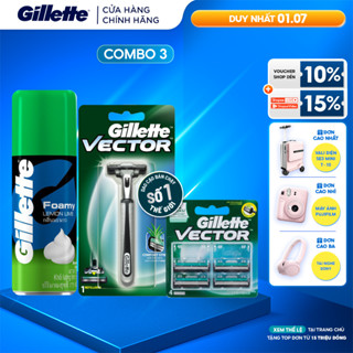Combo Dao Cạo Râu GILLETTE Vector 1UP Hộp 1 Cái + Lưỡi Dao Vector Hộp 4 Lưỡi+ Bọt Cạo Râu Gillette Hương Chanh Chai 175g