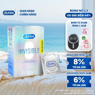 Bao Cao Su Durex Invisible Siêu Mỏng, Size 52 mm, Hộp 16 Bao Mới Ra Mắt - Hộp Lớn Siêu Tiết Kiệm