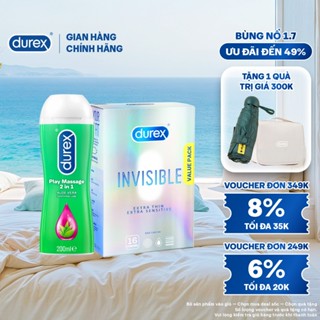 Combo Bao cao su Durex Invisible hộp 16 bao + Gel bôi trơn Durex Massage 2 in 1 200ml/chai