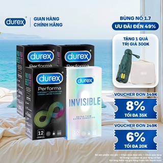 Bộ 3 Durex Performa kéo dài thời gian (52mm, 12bao) + 1 Durex Invisible siêu mỏng (52mm, hộp 10 bao)