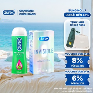 Bộ 1 hộp  Durex Invisible siêu mỏng (size 52mm) và 1 chai gel bôi trơn Durex Massage 2n1 200ml