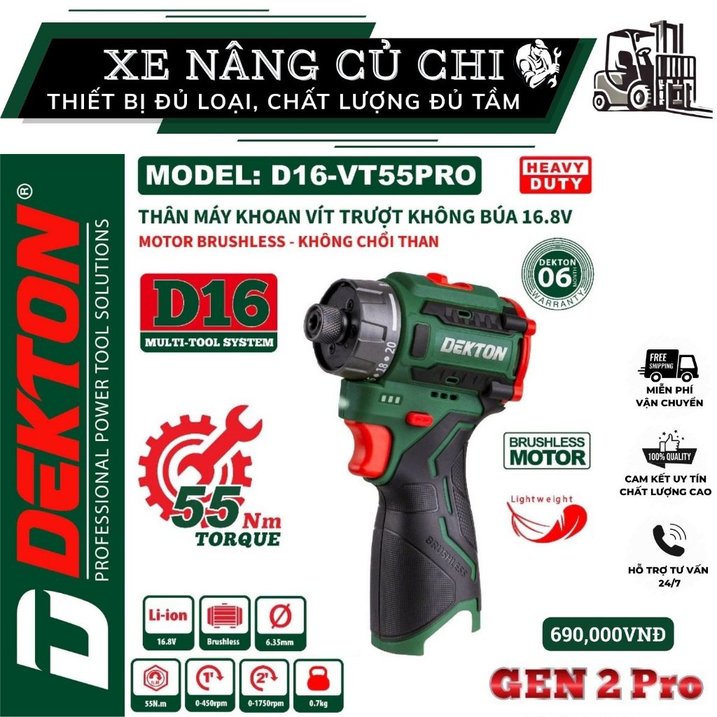 Máy bắn vít trượt 55N.m Dekton D16-VT55PRO, 20 cấp trượt, lực siết 55n.m, chân pin phổ thông
