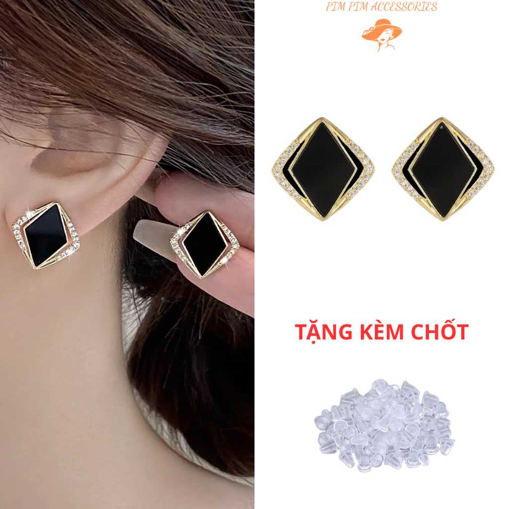 Bông Tai Nữ Hình Thoi Mạ Vàng Đính Đá Đen Kiểu Dáng Thời Trang Sang Trọng, Cá Tính