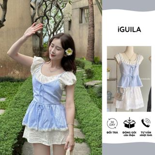Áo kiểu nữ IGUILA, Áo thun nữ dáng babydoll phối yếm tay bồng mặc đi chơi đi biển AOT014