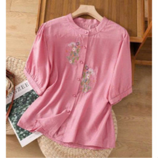 Áo trung niên nữ thêu hoa đính cúc ngọc sang trọng chất liệu đũi tơ mềm mát Chảnh 24h - SMH.76