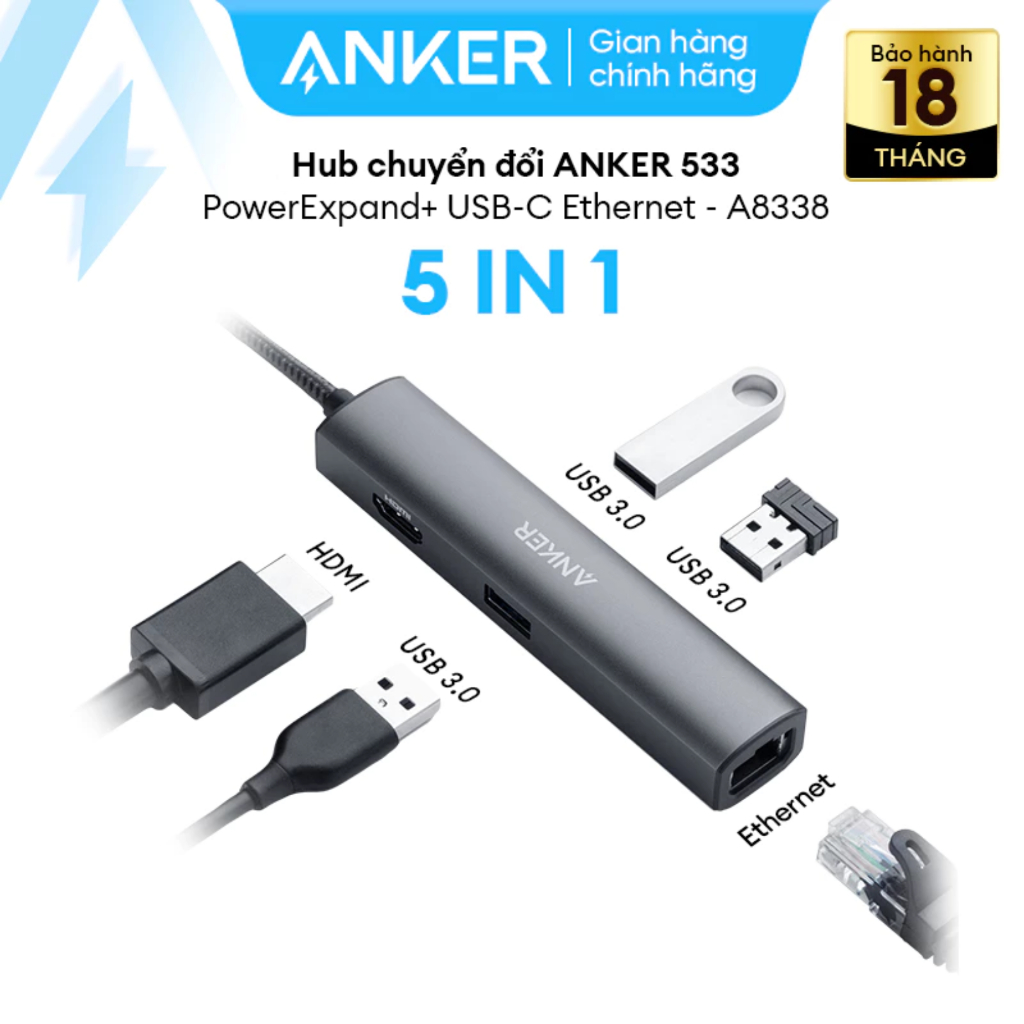Hub cổng chuyển đổi ANKER 533 PowerExpand+ USB-C Ethernet 5-in-1 - A8338