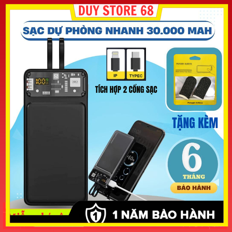 Sạc dự phòng HB 30000mAh Pin sạc nhanh - Màn hình LED, Pin siêu trâu, có sẵn 2 dây sạc..
