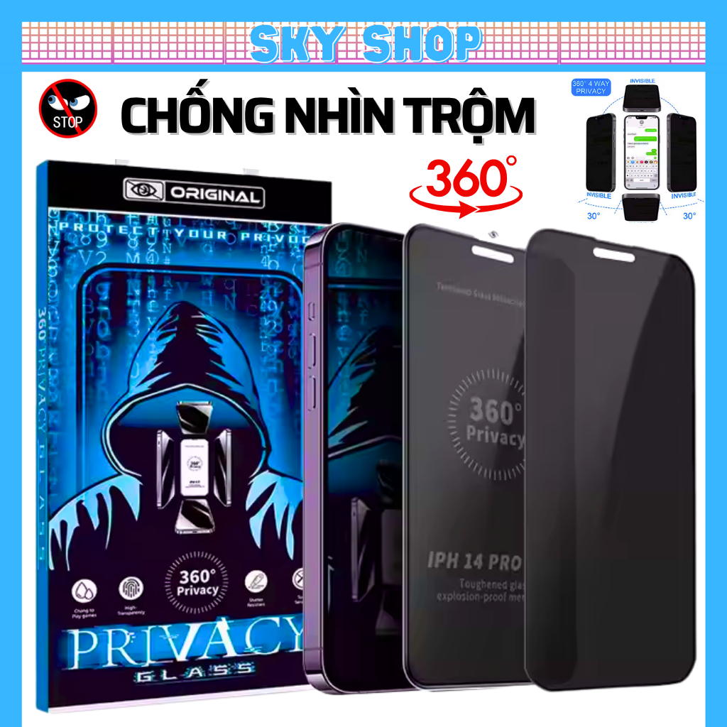 Kính cường lực iphone chống nhìn trộm 360 độ từ mọi góc cho ip 17 ProMax 16 ProMax 15 14 13 12 11 Pro Max Xs Xr XsMax X