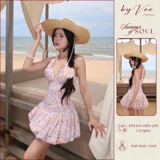 Đầm bí cổ yếm hoa tím Violet ByVeeStyle, Đầm hoa cổ yếm hở lưng siêu xinh