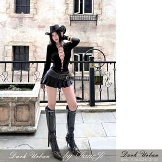 [ DARK URBAN ] Set váy body đan dây khoét DANEJI tay dày - Chân váy da xếp ly, cạp trễ, ứng dụng cao