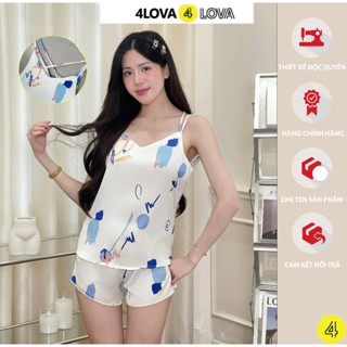 Bộ Mặc Nhà Nữ, Bộ Ngủ Lụa 2 Dây, Bộ Quần Áo Nữ Mùa Hè 4LOVA Lụa Satin Cao Cấp Áo Dây Đan Lưng Quần Đùi Họa Tiết 3D
