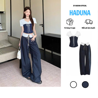 Set Đồ Nữ Áo Thun Croptop Cổ Xẻ Phối Quần Xuông Ống Rộng Cạp Cao - Set Đồ Nữ Retro HADUNA