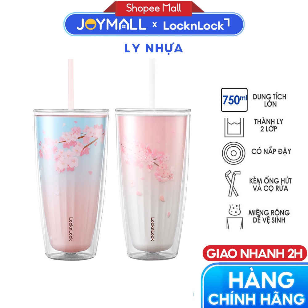 Ly nhựa LocknLock 2 lớp 750ml HAP522 720ml họa tiết Anh Đào, Hàng chính hãng kèm ống hút - JoyMall