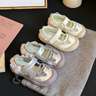 Sz23-36 [+VỚ] Giày lười viền ren cho bé gái, chất da trơn phối lưới thoáng mát, đế cao su nhẹ, khoá dán tiện lợi 1818