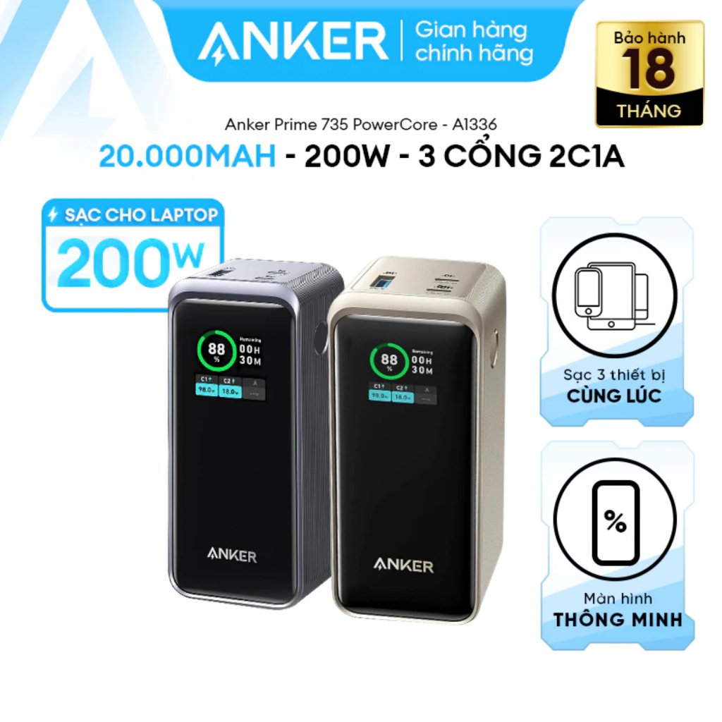 Pin sạc dự phòng Anker Prime 735 A1336 PowerCore 200W (2 type C 100W) , 20000mAh 200W, smart display
