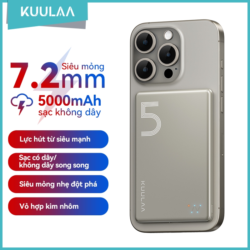 Pin dự phòng không dây từ tính KUULAA 5.000mAh, Bộ sạc di động siêu mỏng, PD 20W USB-C, dành cho IP 