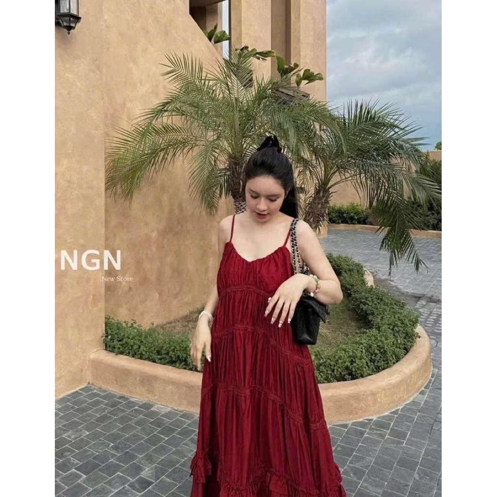 Váy Maxi 2 Dây Dáng Suông Rộng Điệu Đà, Váy 2 Dây Đũi Cổ V Dáng Dài, Váy maxi