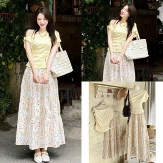 Set Áo Zip Xoắn Lệch Vai Dúm Eo Hack Dáng Mix Chân Váy Dài Đũi Hoa Xinh Nhẹ Nhàng (Ảnh Thật Trải Sàn) Lollaye